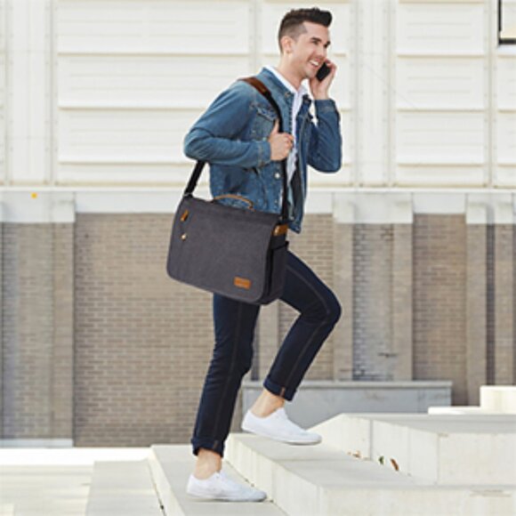 Men’s Grey Canvas Water Resistant Messenger Bag 15.6” Laptop Shoulder Bag - Picture 5 of 12